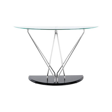Tempered Glass Top Half Moon Console Table with Cross Chrome Metal Legs and Black Wooden Base | Halo