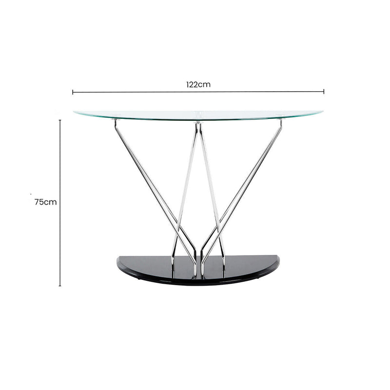 Tempered Glass Top Half Moon Console Table with Cross Chrome Metal Legs and Black Wooden Base | Halo