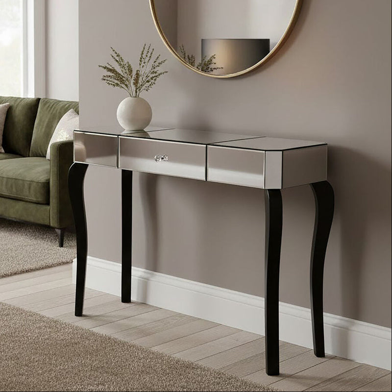 Mirrored Finish 1-Drawer Console Table with Bevelled Edge and Black Wooden Legs | Orchid