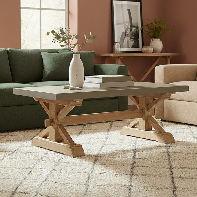 Grey Finish Top Traditional Wooden Coffee Table with Natural Wood Base | Pompeii