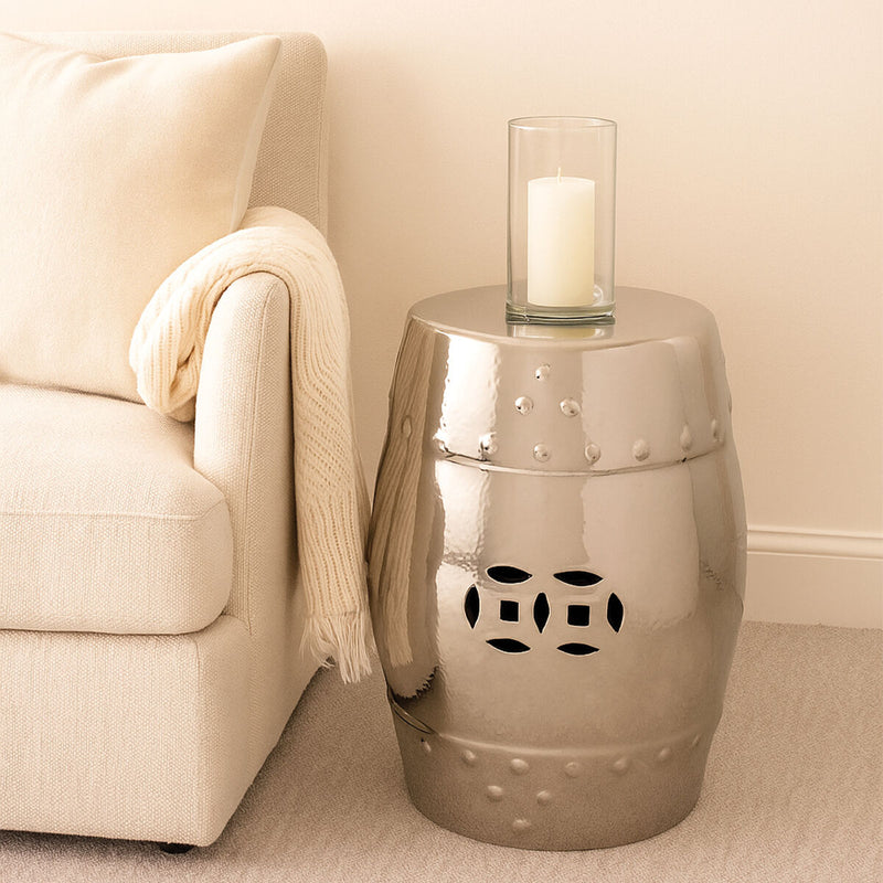 Complements Silver Dolomite Ceramic Side Table Multi Use Stool with Embossed Detailing | Torcello