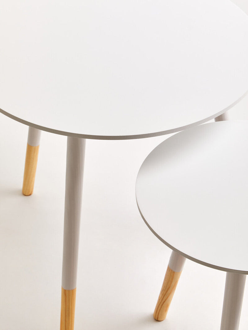 Set of 2 White Bamboo Round Nesting Side Tables with Natural Wood Legs | Viborg