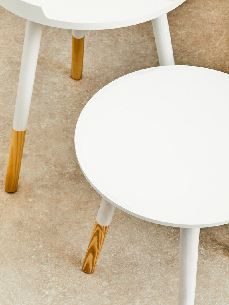 Set of 2 White Bamboo Round Nesting Side Tables with Natural Wood Legs | Viborg