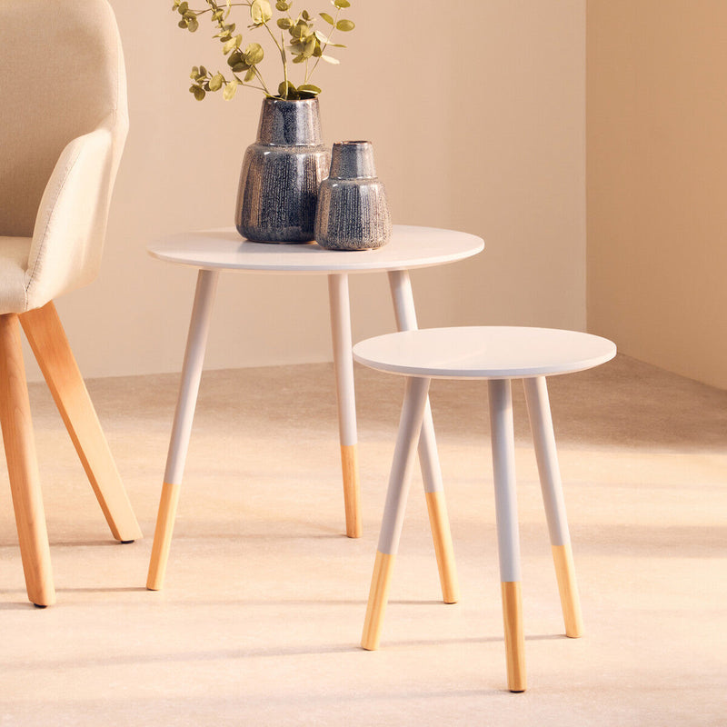 Set of 2 Grey Bamboo Round Nesting Side Tables with Natural Wood Legs | Viborg