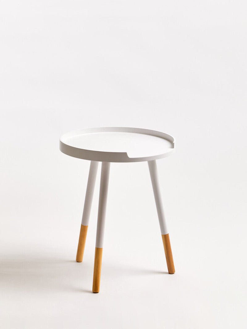 White Round Side Table with Natural Wood Effect Feet | Viborg
