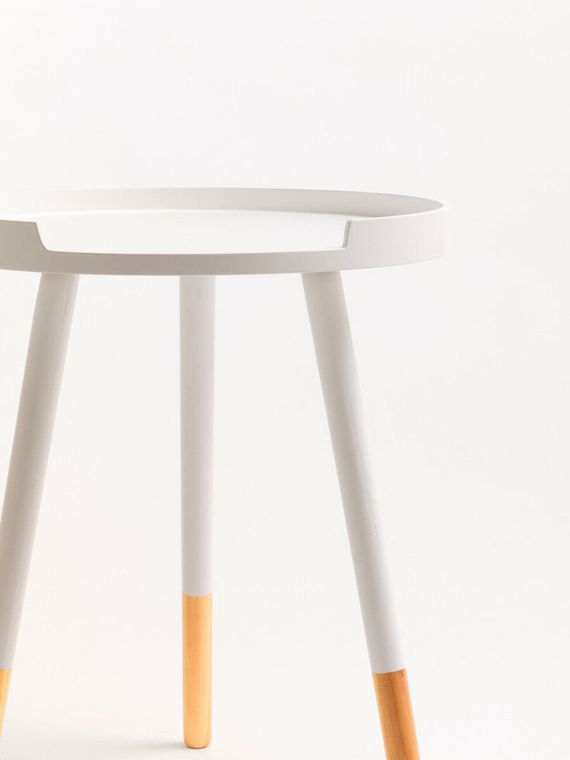White Round Side Table with Natural Wood Effect Feet | Viborg