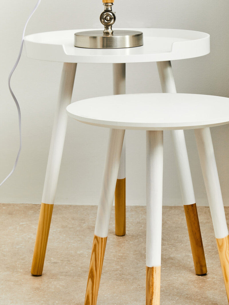 White Round Side Table with Natural Wood Effect Feet | Viborg