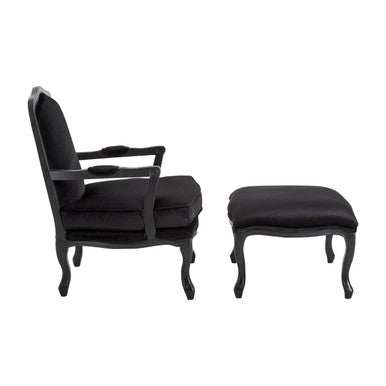 Black Shiny Velvet Chair and Footstool | Rococo