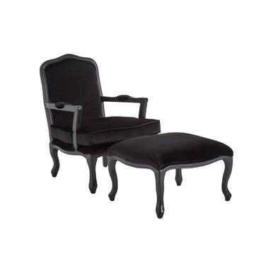 Black Shiny Velvet Chair and Footstool | Rococo