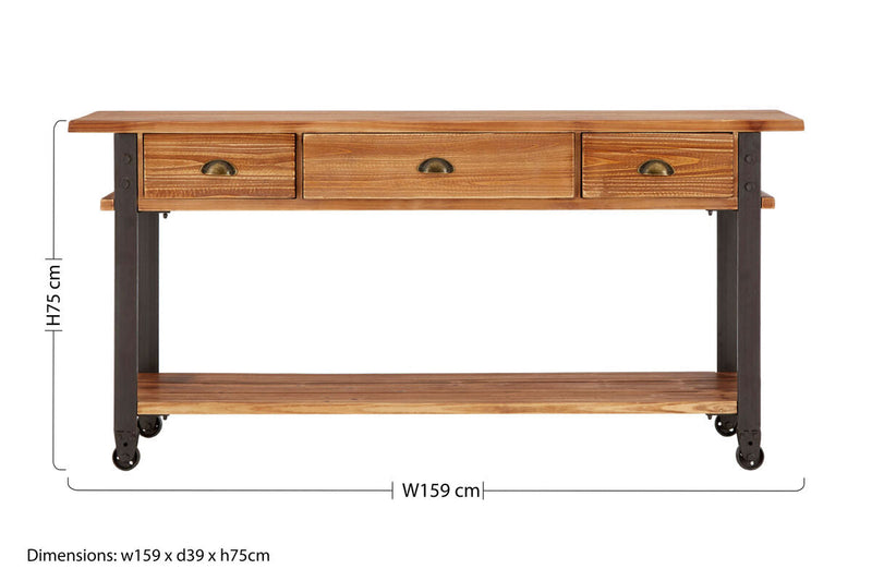 Natural Wooden 3-Drawer Console Table with Black Metal Legs | New Foundry
