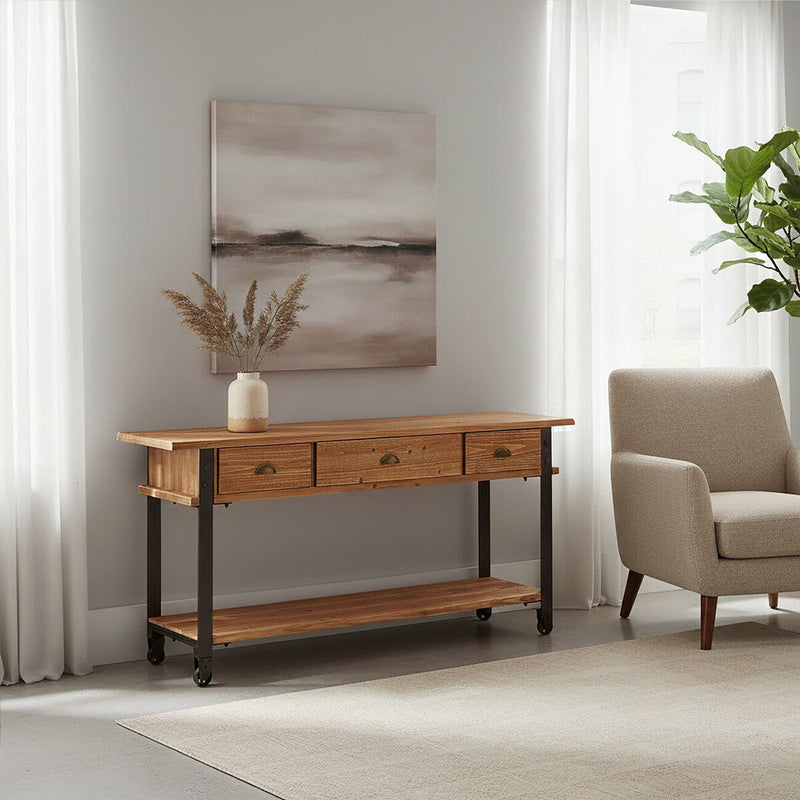 Natural Wooden 3-Drawer Console Table with Black Metal Legs | New Foundry