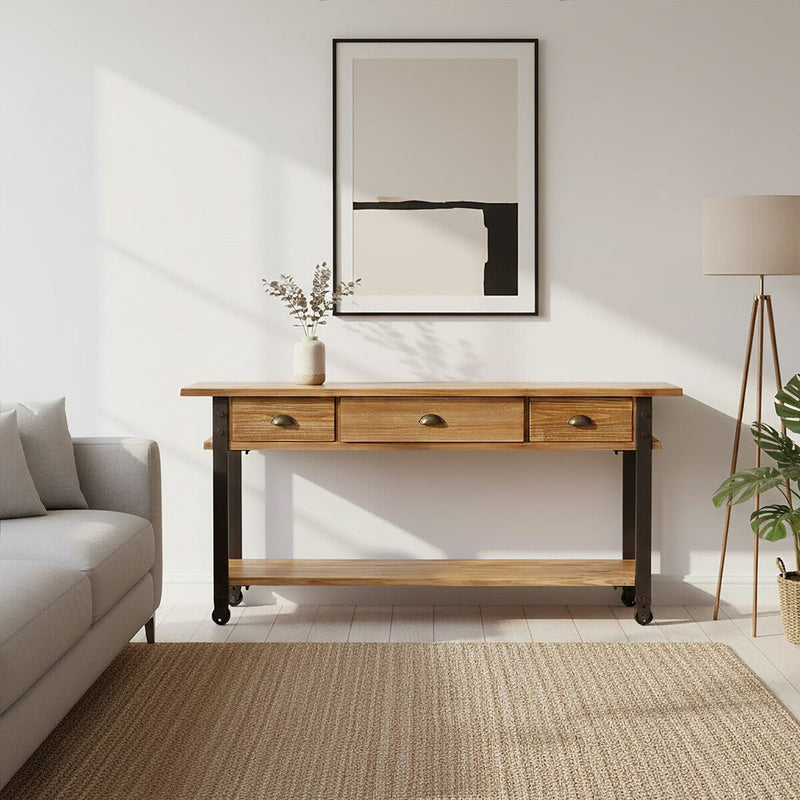 Natural Wooden 3-Drawer Console Table with Black Metal Legs | New Foundry