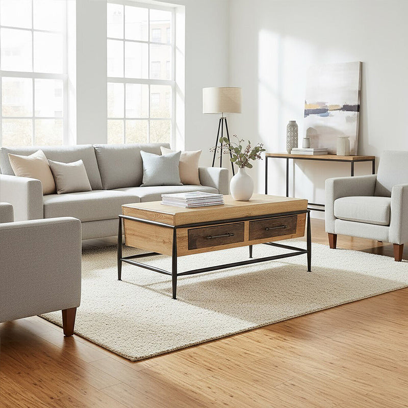 Natural and Brown Wooden Coffee Table with Metal Legs | New Foundry