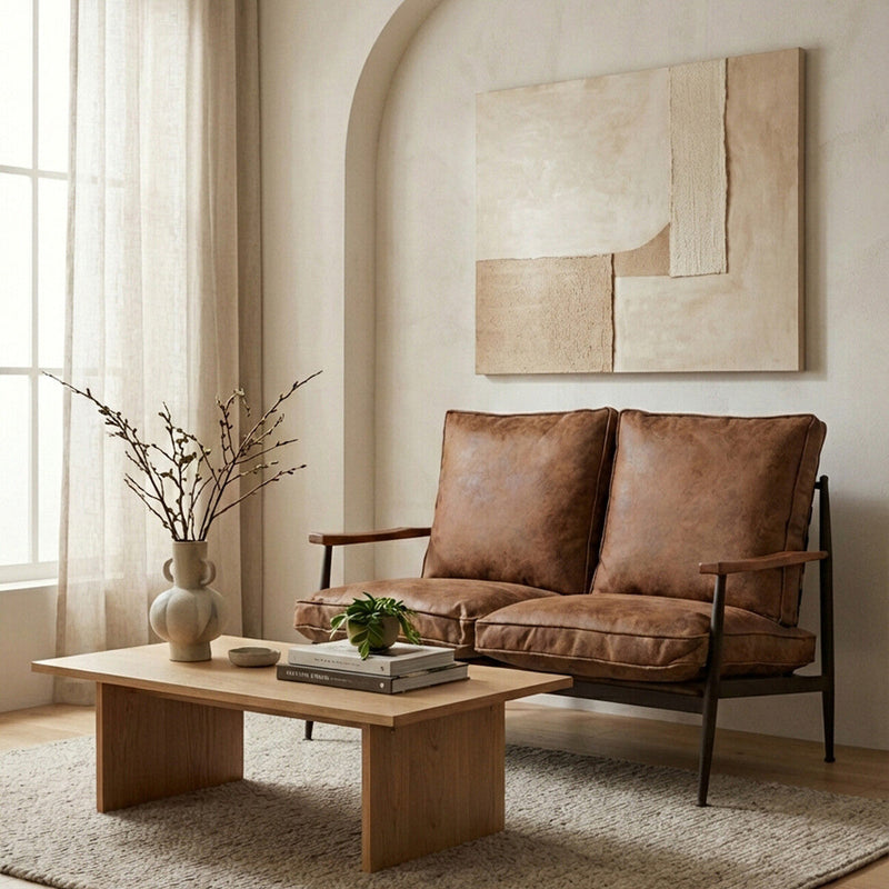 Brown Leather Effect 2 Seater Sofa with Wood Frame | New Foundry