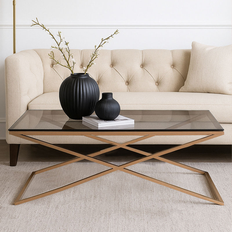 Black Glass Top and Gold Criss Cross Base Coffee Table | Montril