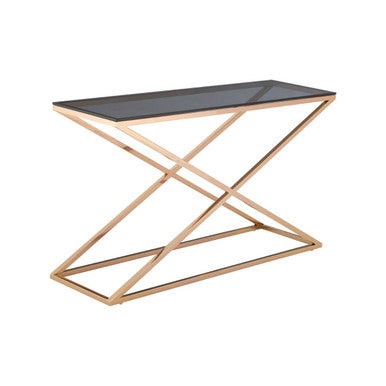 Smoked Amber Glass Top Console Table with Gold Criss Cross Effect Metal Frame | Montril