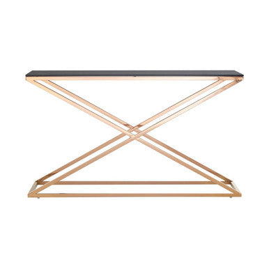 Smoked Amber Glass Top Console Table with Gold Criss Cross Effect Metal Frame | Montril