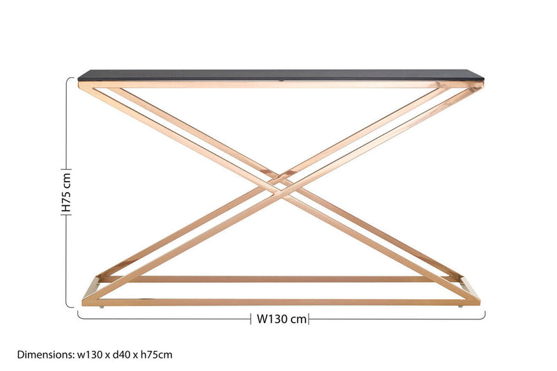 Smoked Amber Glass Top Console Table with Gold Criss Cross Effect Metal Frame | Montril