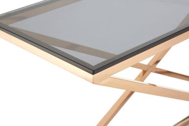 Smoked Amber Glass Top Console Table with Gold Criss Cross Effect Metal Frame | Montril