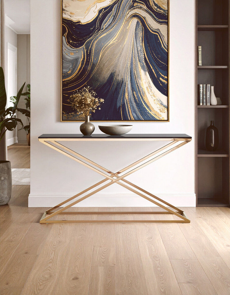 Smoked Amber Glass Top Console Table with Gold Criss Cross Effect Metal Frame | Montril