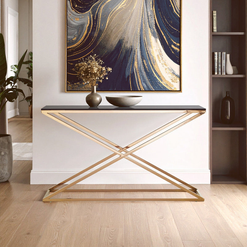 Smoked Amber Glass Top Console Table with Gold Criss Cross Effect Metal Frame | Montril