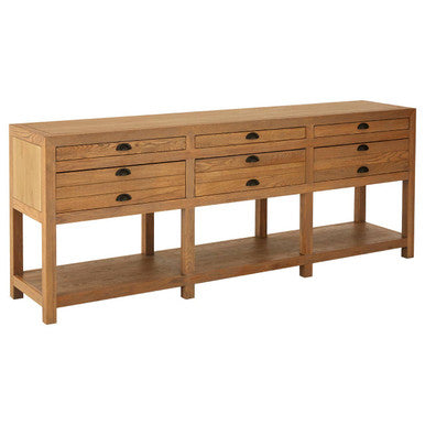 Washed Grey Oak Wood Console Table with 6 Drawers and Lower Shelf | Lyon