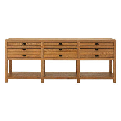 Washed Grey Oak Wood Console Table with 6 Drawers and Lower Shelf | Lyon