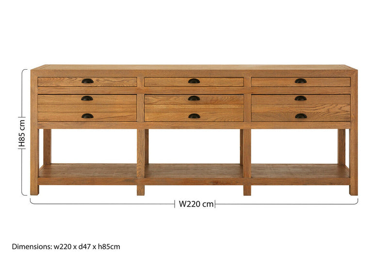 Washed Grey Oak Wood Console Table with 6 Drawers and Lower Shelf | Lyon