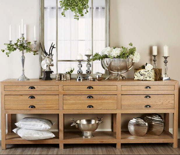 Washed Grey Oak Wood Console Table with 6 Drawers and Lower Shelf | Lyon
