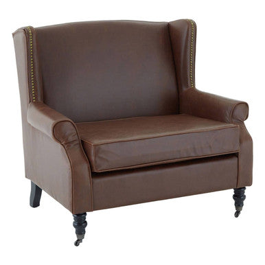 Brown Leather Effect Wing Armchair | Fulham