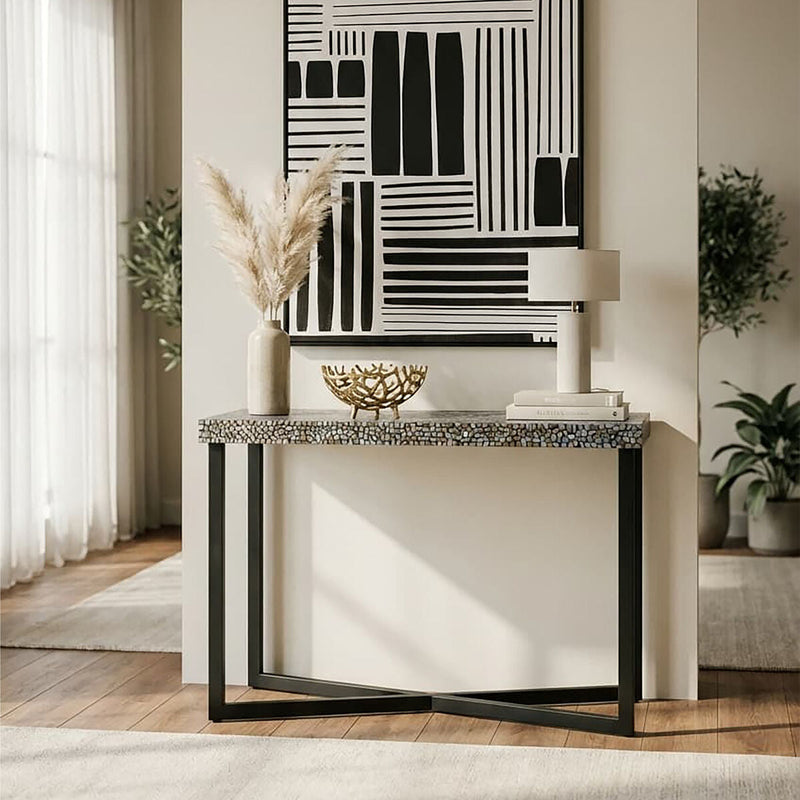 Crackle Shell Mosaic Console Table Rectangular Top Black Metal Frame | Fusion