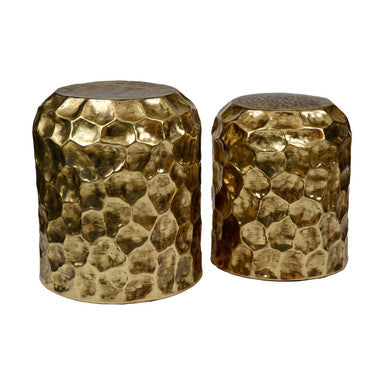 Textured Antique Brown Brass Finish Metal Set of 2 Drum Side Tables | Templar