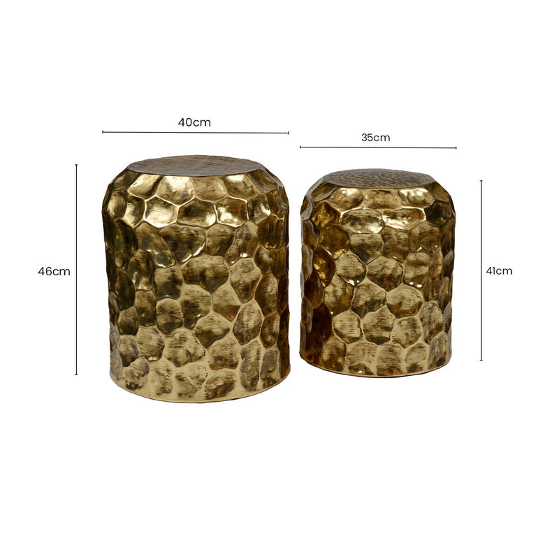 Textured Antique Brown Brass Finish Metal Set of 2 Drum Side Tables | Templar