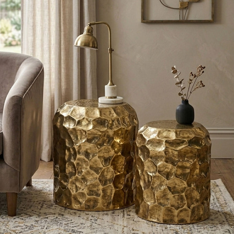 Textured Antique Brown Brass Finish Metal Set of 2 Drum Side Tables | Templar
