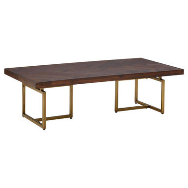 Brown Herringbone Wood Effect Coffee Table in Rich Acacia Tones with Brass Legs | Brando