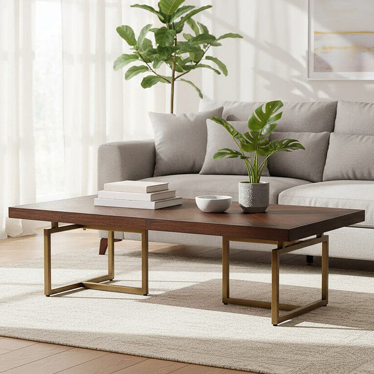 Brown Herringbone Wood Effect Coffee Table in Rich Acacia Tones with Brass Legs | Brando