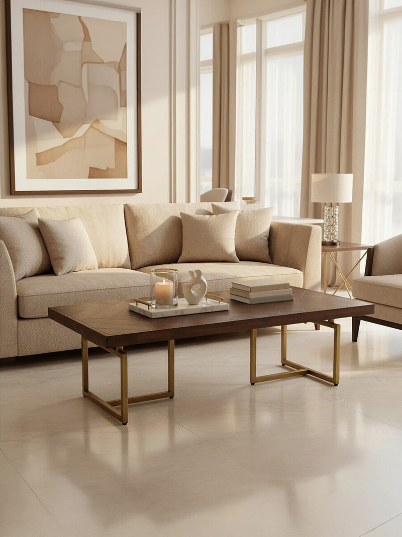 Brown Herringbone Wood Effect Coffee Table in Rich Acacia Tones with Brass Legs | Brando