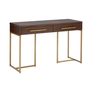 Brown Acacia Wood Veneer Console Table with 2 Drawers and Antique Brass Metal Frame and Handles | Brando