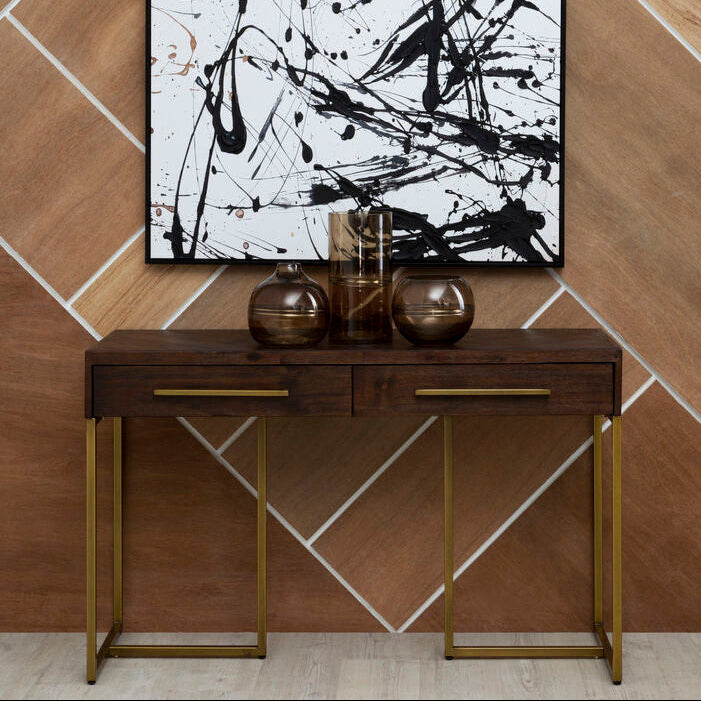 Brown Acacia Wood Veneer Console Table with 2 Drawers and Antique Brass Metal Frame and Handles | Brando