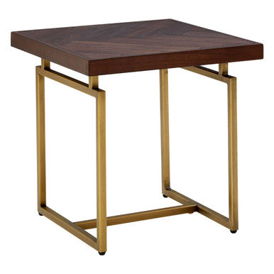 Brown Acacia Wood Effect Herringbone Engraved Side Table Antique Brass Metal Frame | Brando