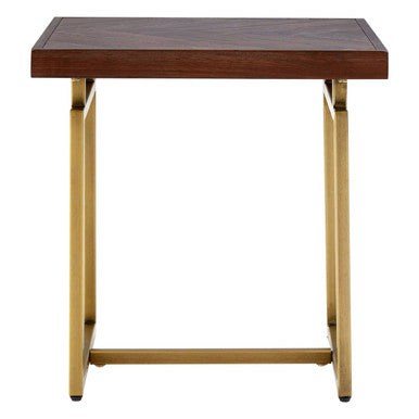 Brown Acacia Wood Effect Herringbone Engraved Side Table Antique Brass Metal Frame | Brando