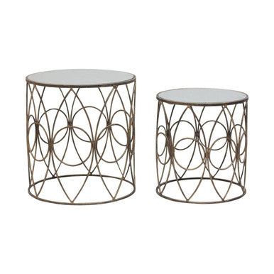 Set of 2 Antique Finish Frame Side Tables with Round Mirrored Top | Avantis