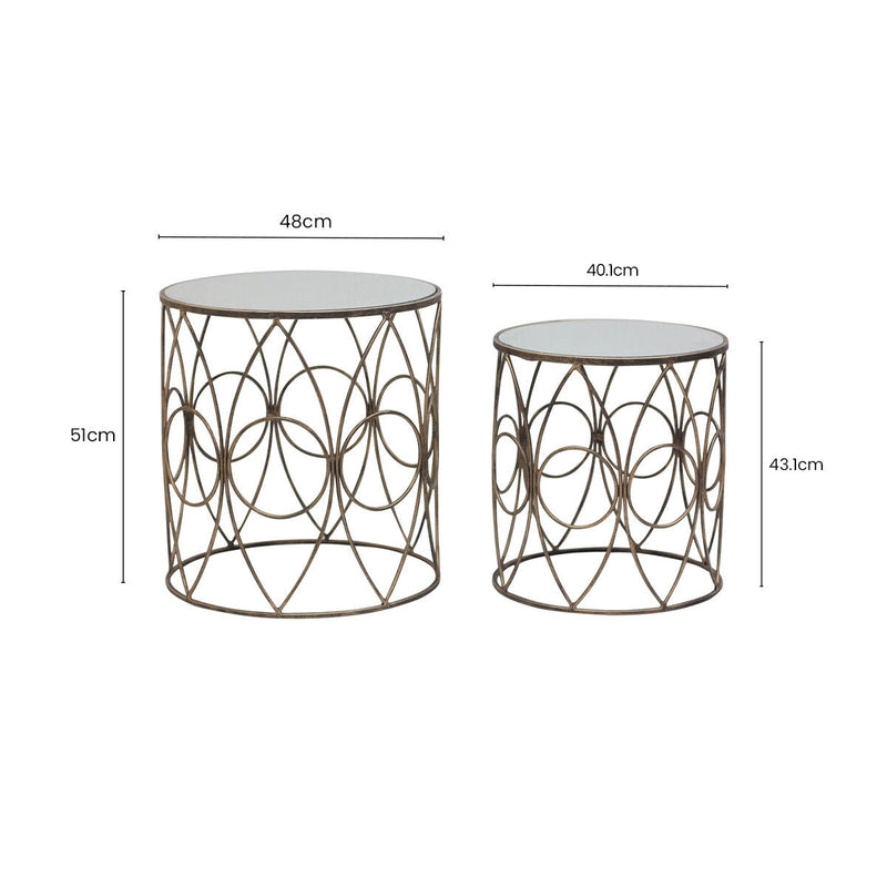 Set of 2 Antique Finish Frame Side Tables with Round Mirrored Top | Avantis