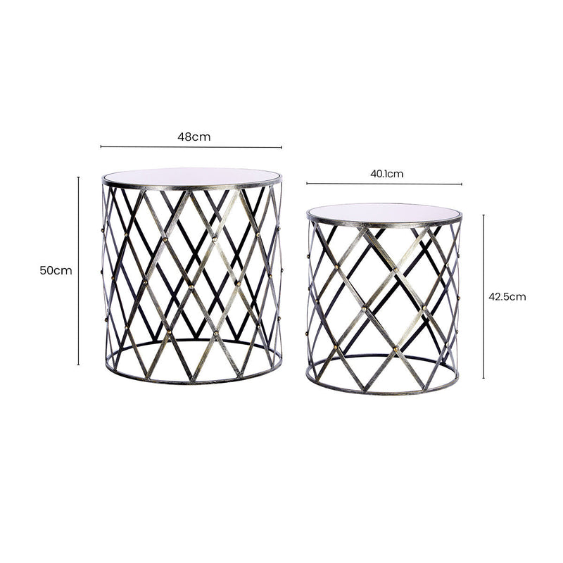 Set of 2 Diamond Design Silver Frame Side Tables with Round Mirrored Top | Avantis
