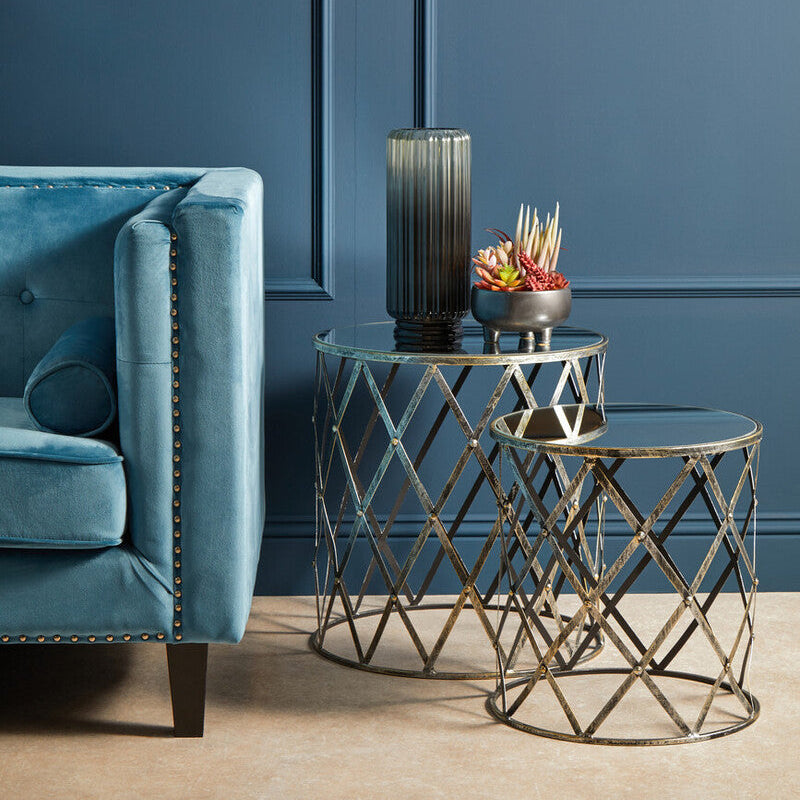 Set of 2 Diamond Design Silver Frame Side Tables with Round Mirrored Top | Avantis
