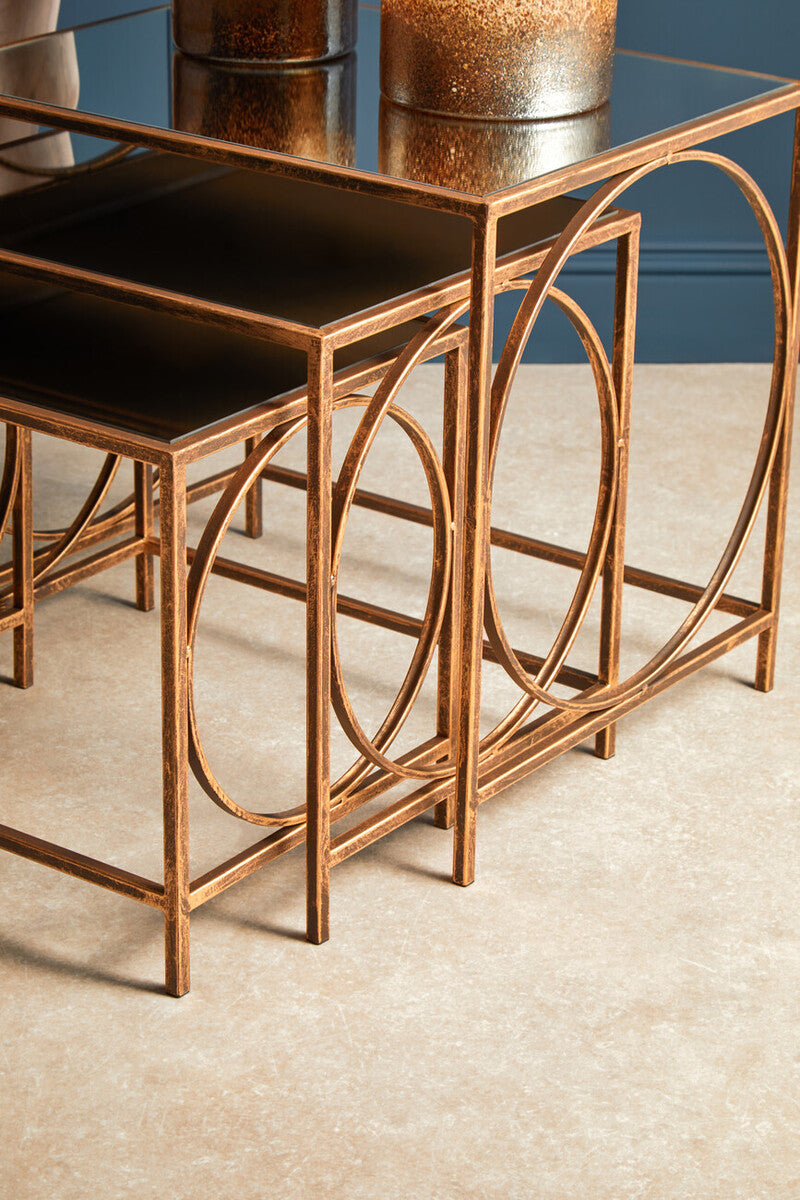 Mirrored Glass Top Nest of 3 Tables with Bronze Finish Metal Frame | Avantis