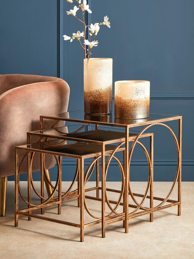 Mirrored Glass Top Nest of 3 Tables with Bronze Finish Metal Frame | Avantis