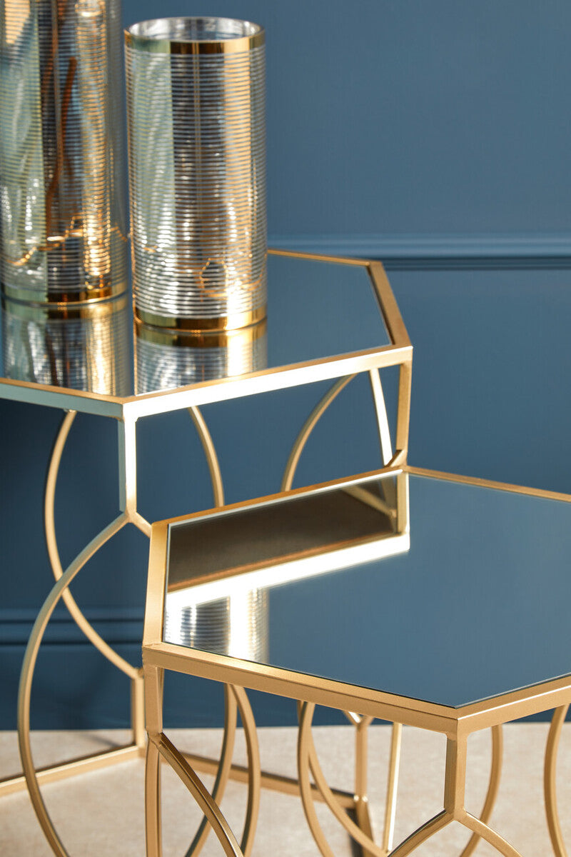 Set of 2 Hexagon Gold Champagne Finish Frame Side Tables with Mirrored Glass Top | Avantis