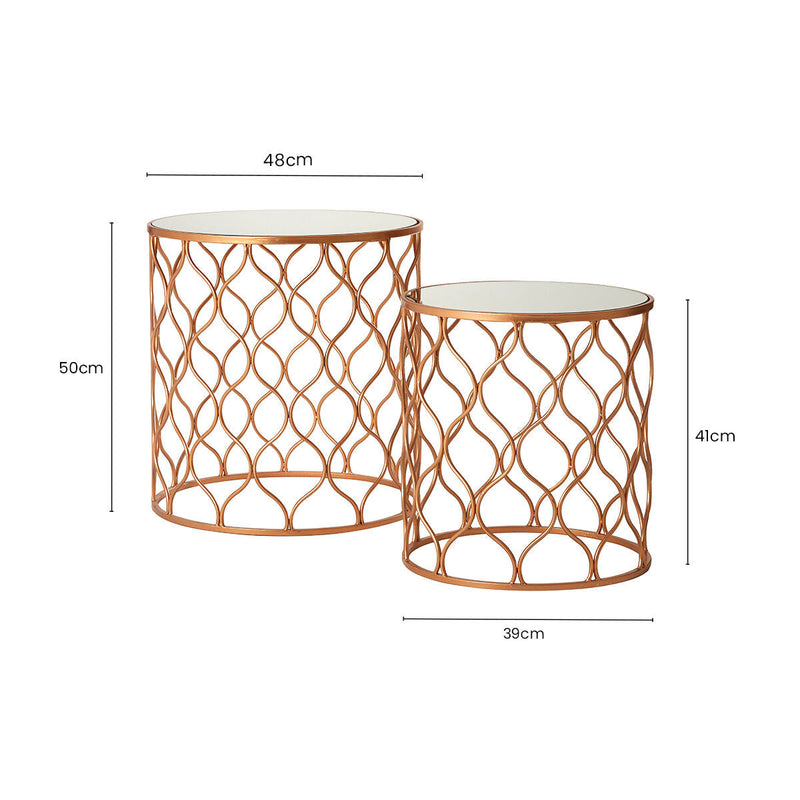Set of 2 White Mirrored Top and Gold Copper Base Tables | Avantis