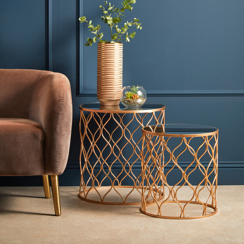 Set of 2 White Mirrored Top and Gold Copper Base Tables | Avantis